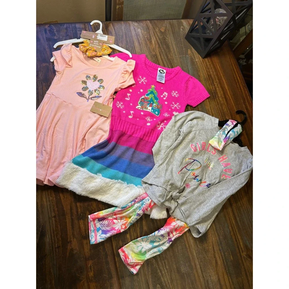 Kids 3‎ Piece Outfit Bundle Dress Set Trolls Leggings Scrunchie 4T -5/6 NWT